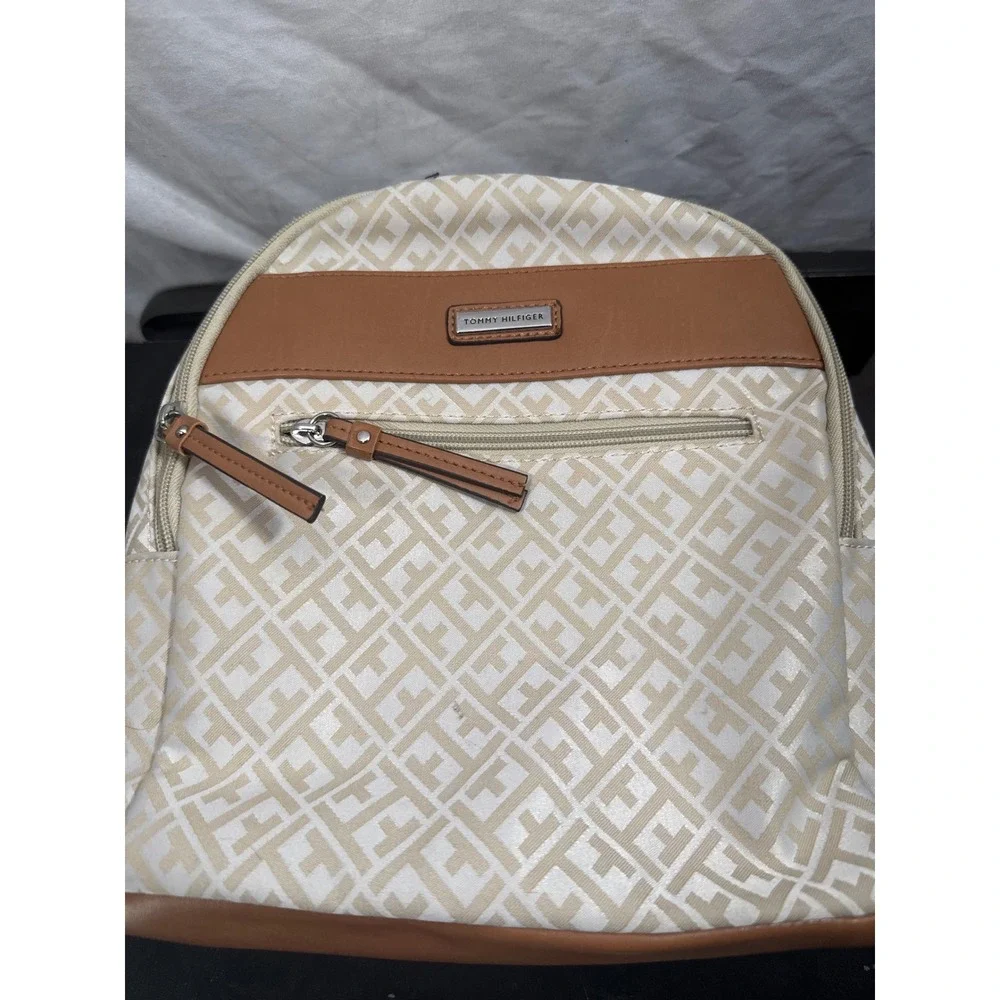 Tommy Hilfiger Mini Backpack Monogram Jacquard Cream Tan Brown Logo Bag